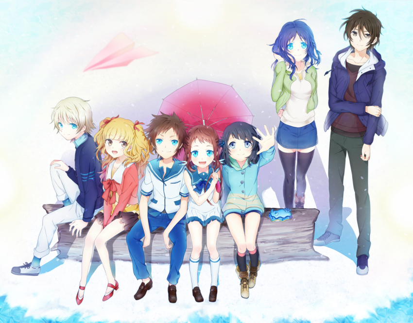 10s 3boys 4girls black_hair blonde_hair blue_eyes blue_hair brown_eyes brown_hair dress hiradaira_chisaki hisanuma_sayu hood hoodie isaki_kaname kihara_tsumugu log long_hair long_legs mukaido_manaka multiple_boys multiple_girls nagi_no_asukara paper_airplane sailor_dress sakishima_hikari saku_(pixiv526117) school_uniform serafuku shiodome_miuna short_hair sitting standing thighhighs twintails two_side_up umbrella