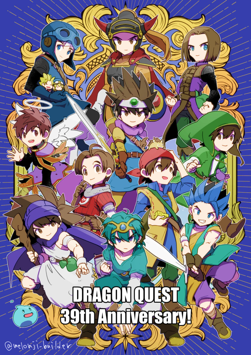 1other 6+boys ancestor_and_descendant angel angel_wings anniversary aqua_hair aqua_tunic armlet armor aviator_cap bandana black_bodysuit blonde_hair blue_armor blue_eyes blue_gemstone blue_gloves blue_hair blue_hat blue_helmet blue_tunic bodysuit brown_eyes brown_hair cape capelet chainmail circlet cloak commentary_request copyright_name dragon_quest dragon_quest_builders dragon_quest_builders_2 dragon_quest_i dragon_quest_ii dragon_quest_iii dragon_quest_iv dragon_quest_ix dragon_quest_v dragon_quest_vi dragon_quest_vii dragon_quest_viii dragon_quest_x dragon_quest_xi earrings erdrick&#039;s_sword everyone fake_horns feathered_wings fins gem gloves goggles goggles_on_headwear green_tunic grin hat hat_flaps head_fins headpiece helmet hero_(dq1) hero_(dq10) hero_(dq11) hero_(dq3) hero_(dq4) hero_(dq5) hero_(dq6) hero_(dq7) hero_(dq8) hero_(dq9) highres holding holding_chibi holding_staff holding_sword holding_weapon hoop_earrings horned_helmet horns in-franchise_crossover jewelry looking_at_viewer low_ponytail male_builder_(dqb) male_builder_(dqb2) male_focus medium_hair melonji_builder multiple_boys one-shoulder_tunic orange_bandana orange_bodysuit parted_hair ponytail prince_of_lorasia purple_cape purple_cloak purple_eyes purple_tunic purple_turban red_tunic roto_(dq3) shirt short_hair silver_circlet single_bang single_earring slime_(dragon_quest) smile spiked_hair staff striped_leggings sword tunic turban twitter_username weapon white_hair white_shirt white_tunic white_wings wings