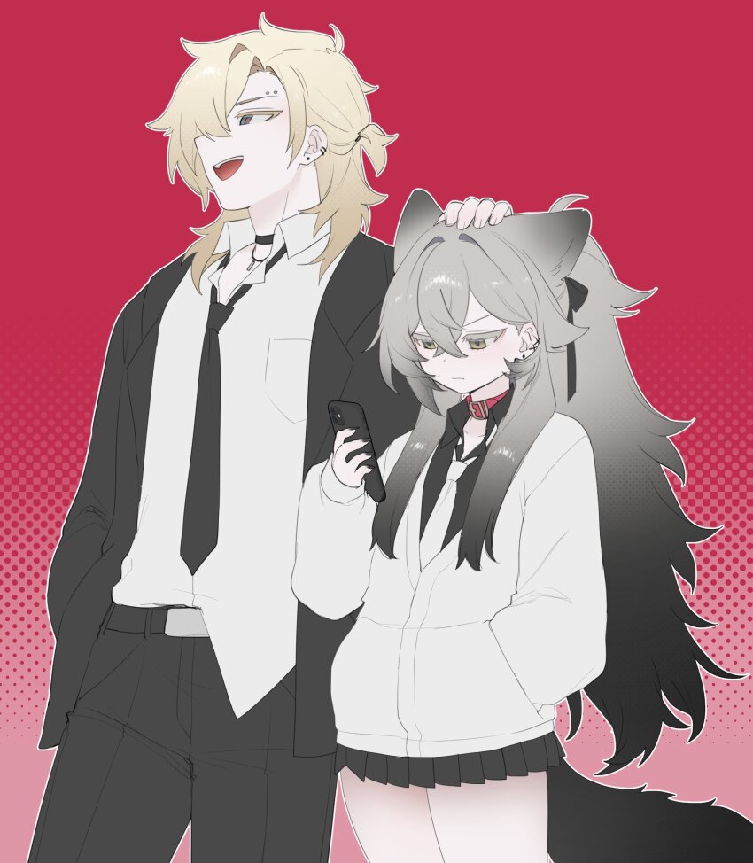 1boy 1girl animal_ears black_jacket black_necktie black_pants black_shirt black_skirt blonde_hair blue_eyes cellphone collar collared_shirt degrees_of_lewdity eyebrow_piercing gradient_background grey_hair hair_between_eyes hair_over_one_eye hand_in_pocket hand_on_another&#039;s_head highres holding holding_phone jacket kai_(drakkai10) long_hair necktie open_clothes open_jacket open_mouth original pants phone piercing ponytail red_background red_collar shirt shoya_(kai_(drakkai10)) skirt smartphone white_jacket white_necktie white_shirt whitney_(degrees_of_lewdity) whitney_(male)_(degrees_of_lewdity)
