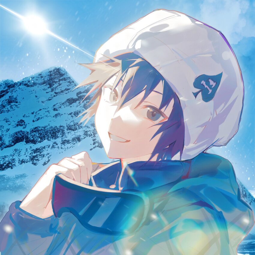 1girl blue_coat blue_eyes blue_hair blue_sky coat day goggles goggles_on_headwear grin hat highres long_sleeves looking_at_viewer mountainous_horizon naohaji official_alternate_costume outdoors persona persona_4 persona_4_the_golden shirogane_naoto short_hair sky smile snow snowing solo sunlight white_hat winter_clothes