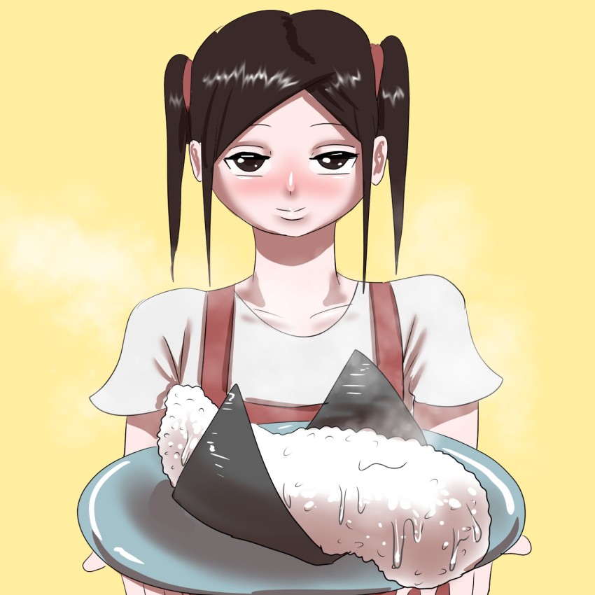 apron brown_eyes brown_hair food highres pon smile tagme twintails
