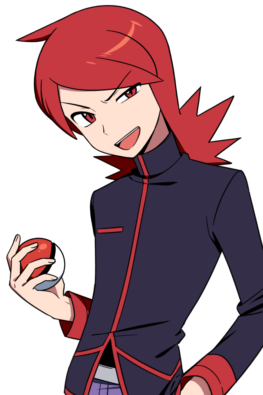 1boy chueog highres holding holding_poke_ball jacket looking_at_viewer male_focus nintendo open_mouth pants poke_ball poke_ball_(basic) pokemon pokemon_hgss purple_jacket purple_pants red_eyes red_hair silver_(pokemon) simple_background solo teeth upper_body upper_teeth_only white_background