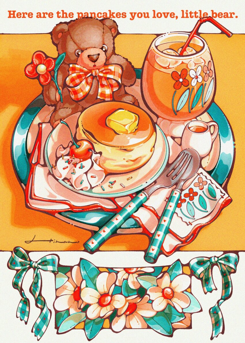 bow cherry cup drinking_straw flower food fork fruit green_bow highres napkin no_humans original pancake plate red_flower spoon still_life stuffed_animal stuffed_toy teddy_bear trym_hinano whipped_cream white_flower