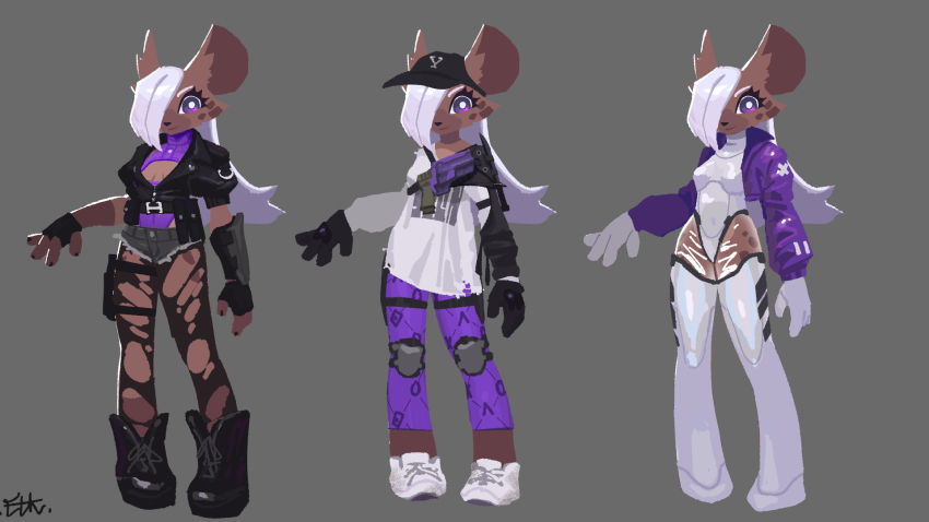 1girl baseball_cap black_boots black_gloves black_jacket boots brown_fur combat_knife cropped_jacket denim denim_shorts detached_sleeves fingerless_gloves furry furry_female gloves grey_background gun hair_over_one_eye hat highres holster holstered hyena_ears hyena_girl hyena_tail jacket kadim knee_pads knife leggings leotard long_hair multiple_views original oversized_clothes oversized_shirt pantyhose purple_eyes purple_jacket purple_leggings reference_sheet see-through_clothes sheath sheathed shirt shoes short_shorts shorts signature single_detached_sleeve smile sneakers thigh_holster torn_clothes torn_pantyhose vambraces weapon white_gloves white_hair white_leggings white_leotard white_shoes x_mark
