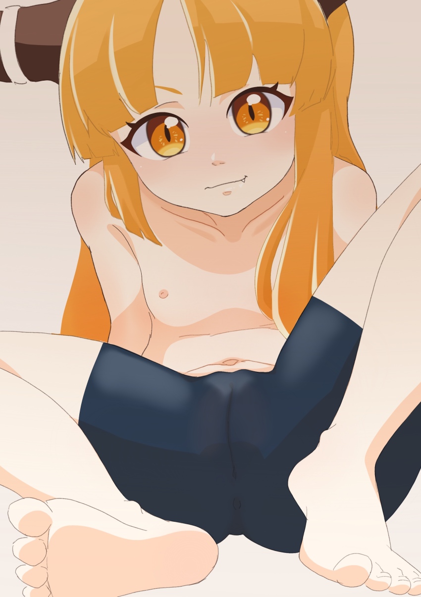 1girl absurdres barefoot bike_shorts black_shorts blunt_bangs blush brown_hair brown_horns cameltoe closed_mouth commentary_request covered_anus fang fang_out full_body grey_background highres horns ibuki_suika kurohiba long_hair looking_at_viewer navel nipples orange_eyes shorts sidelocks simple_background sitting smile solo topless_female touhou
