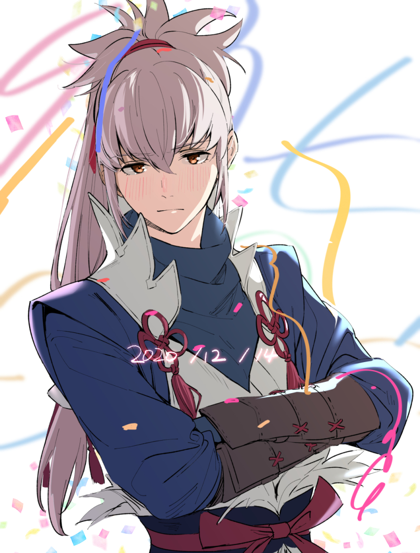 1boy closed_mouth fire_emblem fire_emblem_fates grey_hair hair_ribbon high_ponytail highres japanese_clothes long_hair male_focus nintendo orange_eyes ponytail red_ribbon ribbon solo takumi_(fire_emblem) taromarun