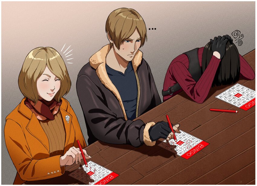 1boy 2girls ada_wong ashley_graham bingo_card black_hair brown_hair francisco_mon highres jacket leon_s._kennedy light_brown_hair long_sleeves multiple_girls resident_evil resident_evil_4 resident_evil_4_(remake) short_hair table