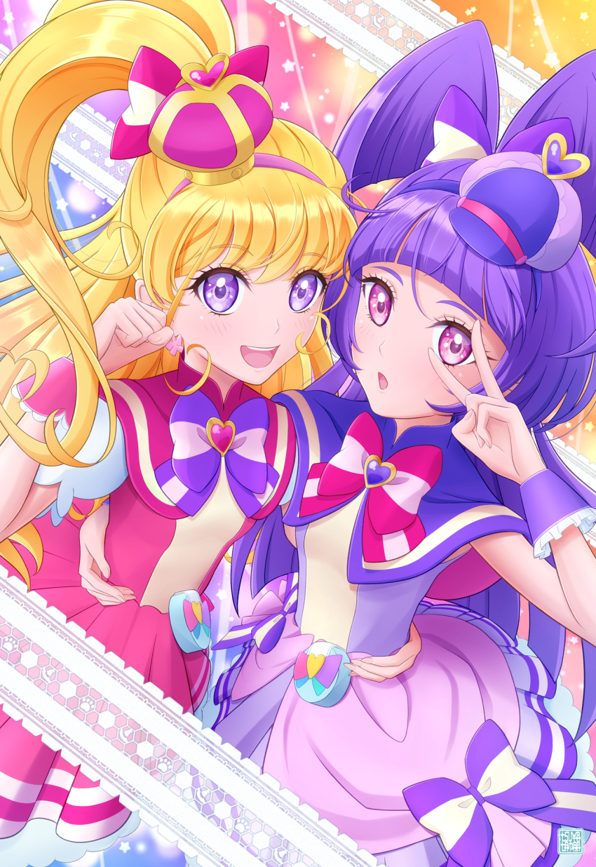 2girls :d :o arm_around_waist asahina_mirai blonde_hair blush bow bow_earrings brooch capelet color_connection cosplay cowboy_shot crown cure_friendy cure_friendy_(cosplay) cure_magical cure_miracle cure_wonderful cure_wonderful_(cosplay) deerstalker dress dress_bow earrings frilled_wrist_cuffs frills hair_bow hair_ornament hat hat_ornament heart heart_brooch heart_hat_ornament highres in-franchise_crossover inukai_iroha inukai_komugi izayoi_liko jewelry long_hair looking_at_viewer magical_girl mahou_girls_precure! mini_crown mini_hat multicolored_background multicolored_bow multiple_girls open_mouth paw_pose pink_bow pink_crown pink_dress pink_eyes pink_wrist_cuffs pouch precure purple_bow purple_capelet purple_dress purple_eyes purple_hair purple_hat purple_wrist_cuffs short_dress side_ponytail smile striped_bow symmetry tsuyatamaa v v_over_eye wonderful_precure! wrist_cuffs