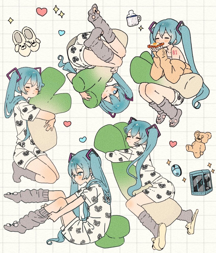 1girl ankle_socks bear_slippers blue_eyes blue_hair bread bread_slice closed_eyes collarbone dot_nose eating expressionless food fried_egg fried_egg_on_toast grey_socks grid_background hair_between_eyes hair_flowing_over hair_ornament hatsune_miku heart highres holding holding_stuffed_toy hugging_object jacket koala light_blush long_hair long_sleeves looking_at_viewer loose_socks maple_(abc2215) monitor multiple_views number_tattoo one_eye_closed open_clothes open_jacket pajamas puffy_long_sleeves puffy_sleeves shirt short_sleeves shorts shoulder_tattoo sleeves_past_wrists slippers socks sparkle spring_onion stuffed_animal stuffed_food stuffed_toy sweater_jacket tank_top tattoo teddy_bear toast twintails upside-down very_long_hair vocaloid white_background white_pajamas white_shirt white_shorts white_tank_top yellow_jacket yellow_slippers
