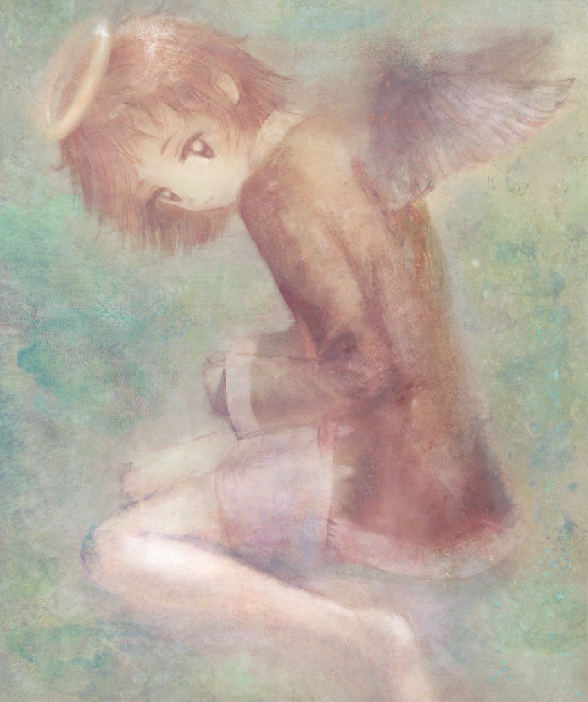 1girl angel_wings bare_legs barefoot brown_eyes brown_hair brown_jacket clenched_hands faux_traditional_media feathered_wings from_side grey_wings haibane_renmei halo highres jacket long_sleeves looking_at_viewer looking_back on_grass on_ground open_clothes open_jacket own_hands_together pale_color parted_lips rakka_(haibane) short_hair sitting solo tseiri wariza watercolor_effect wings