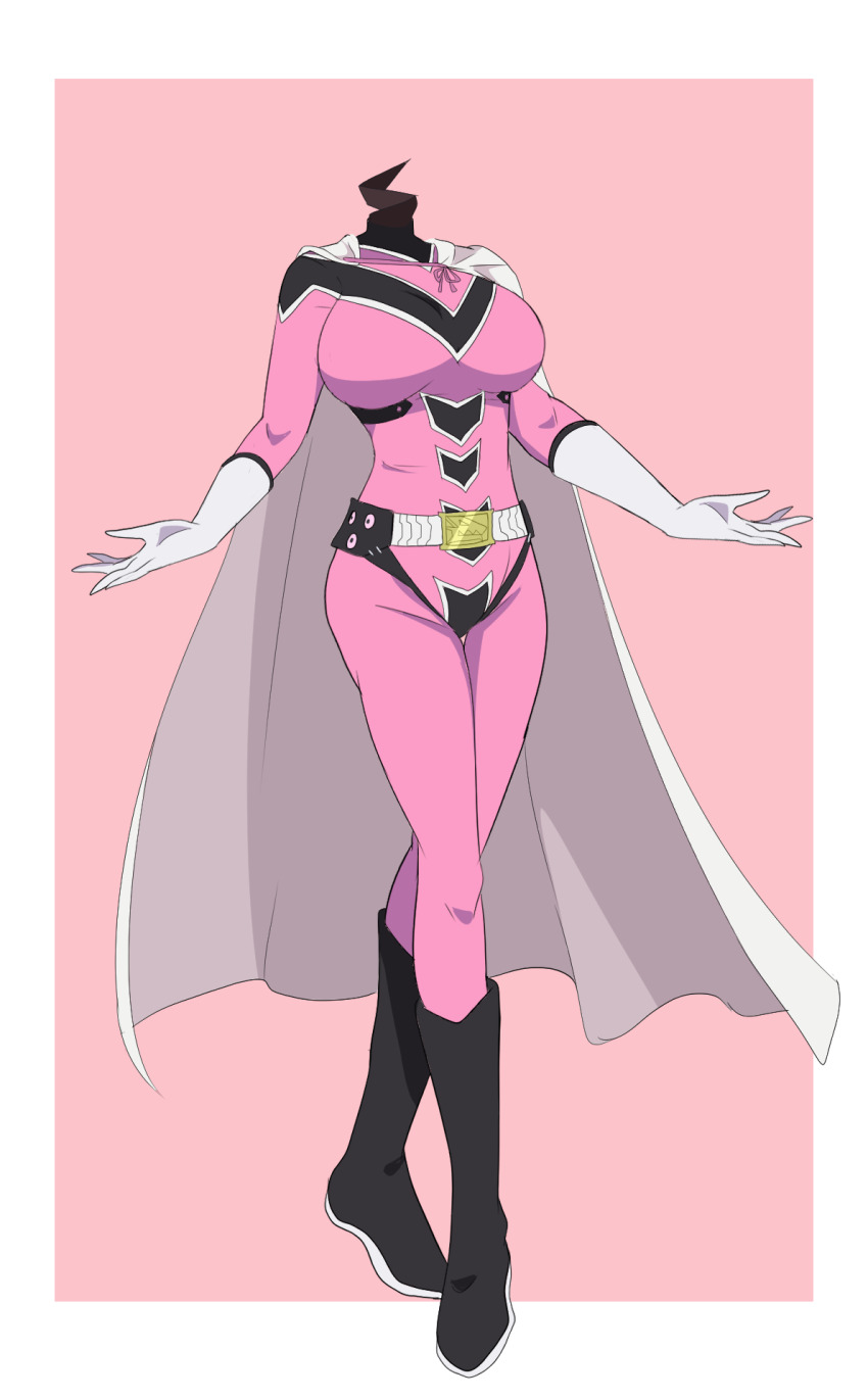 1girl boots border breasts cape doojang gloves headless highres hwalipon large_breasts long_sleeves pants pink_background pink_keeper pink_pants pink_shirt sakurama_sesera sentai_daishikkaku shirt simple_background white_border white_cape white_gloves