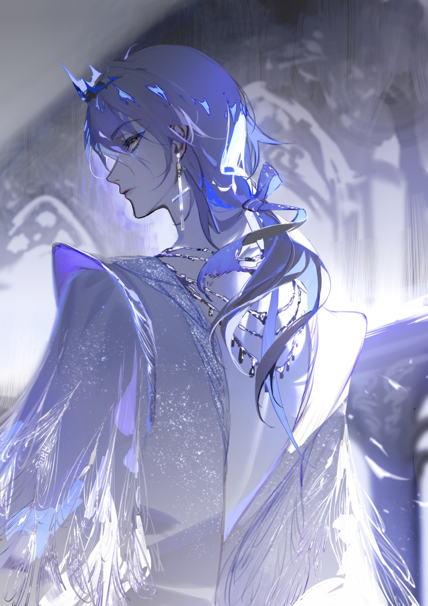 1boy :| arch backless_shirt blue_eyeshadow blue_hair blue_ribbon box_tenshi closed_mouth cross cross_earrings earrings expressionless eyeshadow from_behind grey_eyes hair_between_eyes hair_ribbon highres jewelry light_particles long_sleeves looking_at_viewer looking_back low_ponytail makeup male_focus medium_hair necklace nijisanji nijisanji_en otsuatsushi ponytail profile puffy_long_sleeves puffy_sleeves ribbon shirt sideways_glance solo upper_body virtual_youtuber vox_akuma white_shirt
