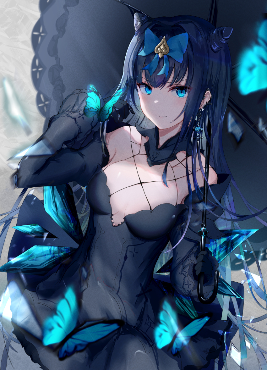 1girl absurdres arcaea bare_shoulders black_gloves black_hair blue_bow blue_eyes bow breasts breasts_apart bug butterfly closed_mouth collarbone cone_hair_bun cowboy_shot detached_sleeves ear_piercing furido_(frifridress) gloves hair_bow hair_bun highres holding holding_umbrella insect long_hair long_sleeves looking_at_viewer medium_breasts piercing smile solo tairitsu_(arcaea) tairitsu_(tempest)_(arcaea) umbrella v-shaped_eyebrows very_long_hair