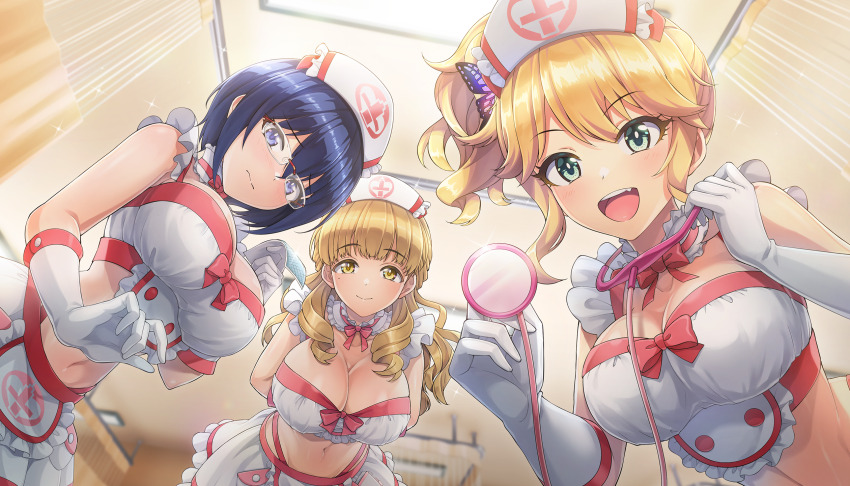 3girls ayato_utae blonde_hair blue_eyes blue_hair breasts cleavage commentary_request dolphin_wave fang frills game_cg glasses gloves green_eyes hat highres izumi_kiri large_breasts light_smile long_hair mole mole_under_eye multiple_girls non-web_source nurse nurse_cap official_art ootomo_takuji open_mouth short_hair stethoscope tojou_michiru wavy_hair white_gloves yellow_eyes