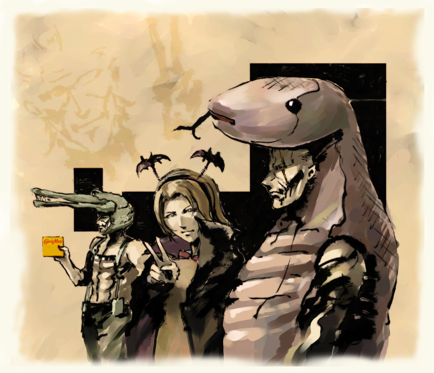 1girl 2boys animal_costume big_boss caloriemate crocodile crocodile_cap crocodilian halloween highres ikuyoan major_zero metal_gear_(series) metal_gear_solid_3:_snake_eater multiple_boys naked_snake para-medic_(mgs3) snake snake_costume suspenders the_sorrow tsuchinoko v
