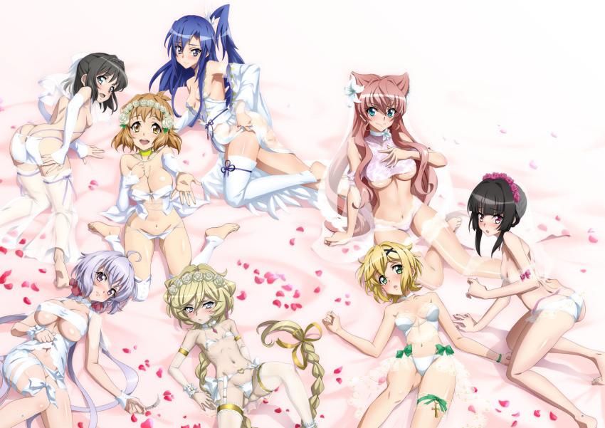 6+girls :d akatsuki_kirika all_fours ass bare_arms bare_legs barefoot black_hair blonde_hair blue_eyes blue_hair bra breasts bridal_lingerie bridal_veil bride brown_eyes brown_hair butt_crack carol_malus_dienheim cleavage closed_mouth detached_sleeves flower fujikawa_daichi green_eyes grey_eyes grey_hair groin hair_between_eyes hair_flower hair_intakes hair_ornament head_wreath high_ponytail highres kazanari_tsubasa kneeling kohinata_miku large_breasts leg_warmers lingerie long_hair long_sleeves looking_at_viewer lying maria_cadenzavna_eve multiple_girls navel on_back on_side open_mouth panties petals pink_hair ponytail purple_eyes reaching reaching_towards_viewer red_flower red_rose rose senki_zesshou_symphogear shiny_skin short_hair short_hair_with_long_locks side_ponytail sideboob small_breasts smile strapless strapless_bra tachibana_hibiki_(symphogear) textless_version thigh_gap tsukuyomi_shirabe underboob underwear underwear_only veil very_long_hair white_bra white_leg_warmers white_panties white_sleeves yukine_chris