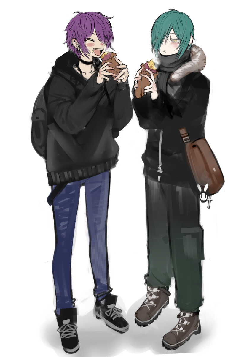 2boys 2n5 absurdres androgynous aqua_hair black_choker black_hoodie black_jacket blue_pants blush boots brown_bag choker closed_eyes closed_mouth denim eating food full-length_zipper full_body fur-trimmed_hood fur_trim grey_scarf hair_over_one_eye highres holding holding_food hood hoodie jacket jeans lace-up_boots male_focus multiple_boys open_mouth original pants purple_hair rabbit_accessory roasted_sweet_potato scarf short_hair simple_background skinny_jeans smile standing sweet_potato teeth upper_teeth_only yellow_eyes zipper