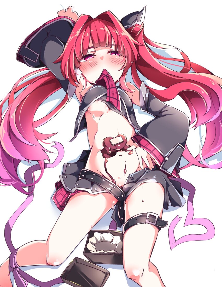 1girl belt blush box breasts chocolate cosmic_break detached_sleeves hair_ornament half-closed_eyes highres leg_belt long_hair looking_at_viewer lying mercurio midriff necktie on_back partially_undressed pink_eyes pink_hair plaid_clothes plaid_skirt pleated_skirt ribbon skirt small_breasts sweat thigh_strap twintails very_long_hair yuka_danbow