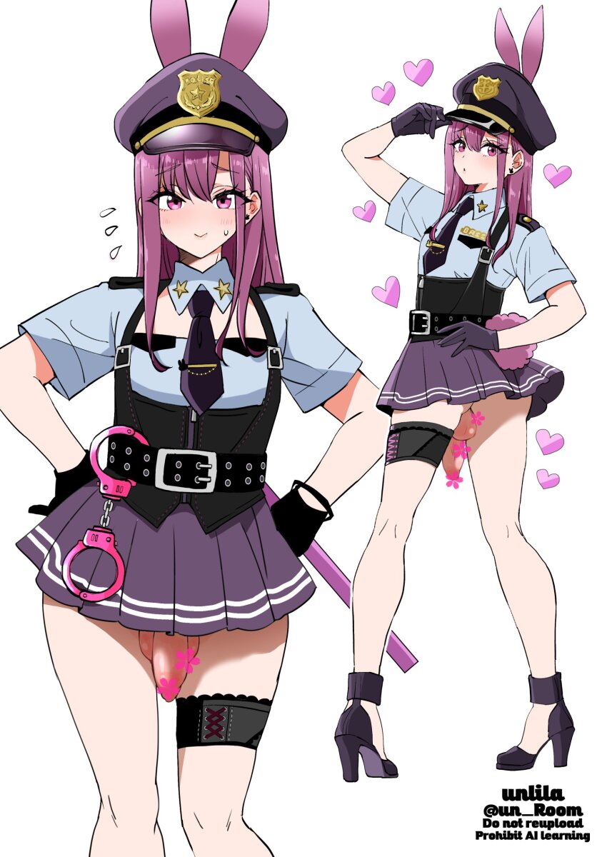1boy animal_ears belt cosplay cuffs flaccid gloves handcuffs heart high_heels highres long_hair nagano_rira original penis police police_uniform policewoman purple_eyes purple_hair rabbit_ears rabbit_tail skirt spoken_heart tail testicles thigh_strap trap