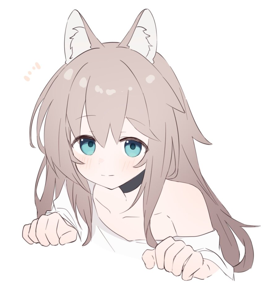 1girl animal_ears black_choker blending choker dog_ears dog_girl grey_hair highres light_brown_hair long_hair looking_at_viewer notice_lines off_shoulder original riya_(01214) shirt simple_background white_background white_shirt