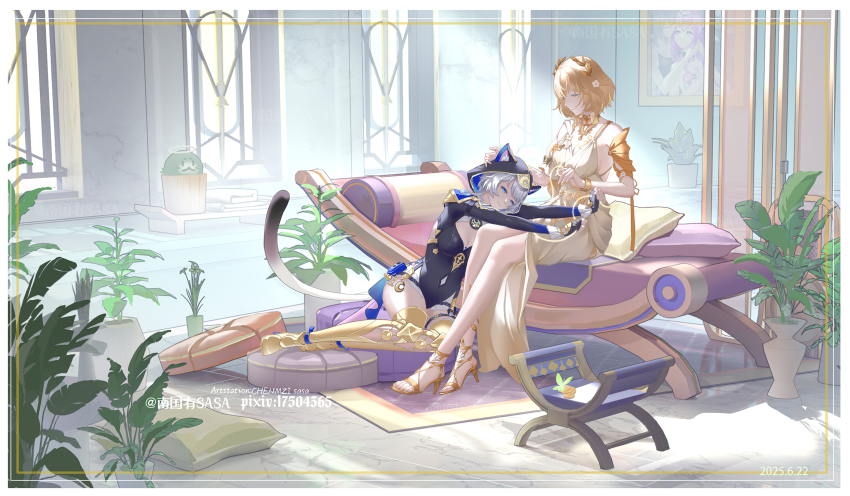 2girls aglaea_(honkai:_star_rail) animal_ear_fluff animal_ears bare_shoulders blonde_hair blue_eyes boots breast_tattoo breasts bug butterfly cat_ears cat_girl cat_tail chenmzi_sasa cipher_(honkai:_star_rail) cleavage closed_mouth coin commentary_request cushion dated dress ears_through_hood fingerless_gloves full_body gloves gold_boots gold_coin green_eyes grey_hair hair_ornament hand_on_another&#039;s_head high_heel_boots high_heel_sandals high_heels highres honkai:_star_rail honkai_(series) hooded_leotard indoors insect looking_at_another medium_breasts multiple_girls painting_(object) pillow pixiv_id plant potted_plant rug sandals short_hair sitting sunlight tail tattoo thigh_boots thread toes white_dress window