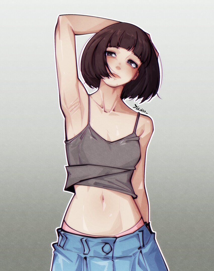 1girl arm_behind_back arm_behind_head arm_up armpits artist_name bare_shoulders blue_skirt blunt_bangs blush bob_cut breasts brown_eyes brown_hair camisole closed_mouth clothes_lift collarbone commentary cowboy_shot crop_top cropped_shirt english_commentary expressionless gradient_background grey_background grey_camisole hand_on_own_head head_tilt highres lips loose_hair_strand midriff navel original panties panty_peek pink_lips pink_panties pleated_skirt road_sign shirt_lift short_hair sign skirt small_breasts solo standing underwear white_background yutakke