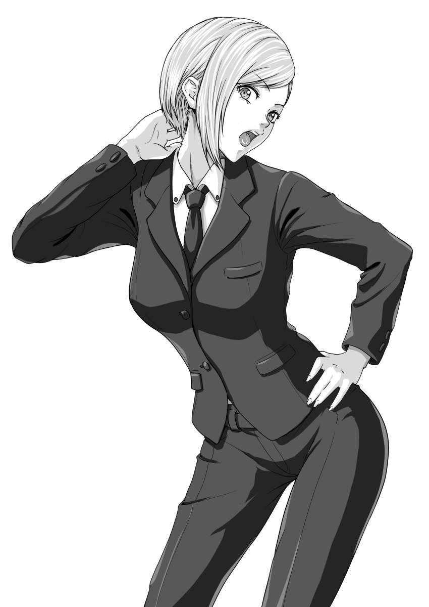 1girl absurdres black_jacket black_necktie black_suit blush breasts collared_shirt elena_(ff7) final_fantasy final_fantasy_vii final_fantasy_vii_remake formal_clothes greyscale highres jacket looking_at_viewer monochrome necktie nito_(mrrx5772) open_mouth shirt short_hair simple_background solo suit turks_(ff7) white_background white_shirt