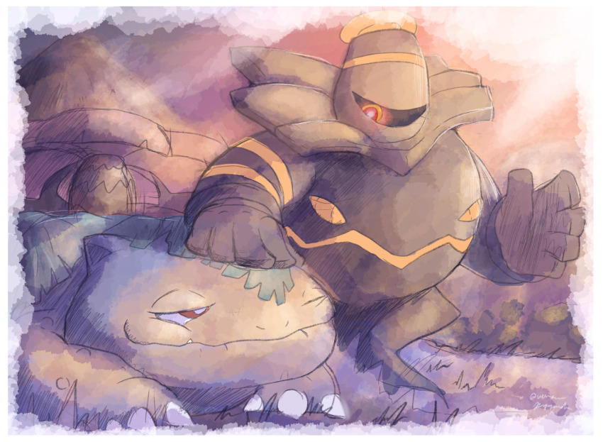 border bright_pupils claws commentary dusknoir english_commentary full_body gen_1_pokemon gen_4_pokemon highres looking_at_another nintendo no_humans old petting pokemon pokemon_(creature) red_eyes rock venusaur venusaur-propaganda white_border white_pupils