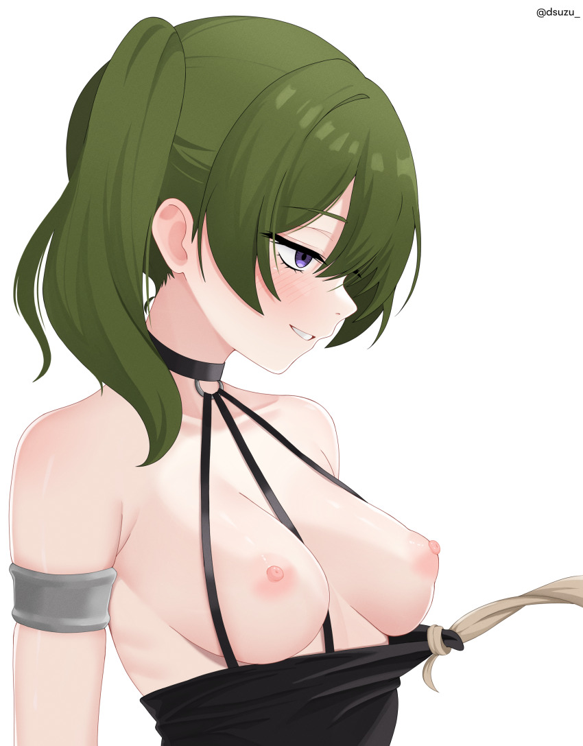 2girls absurdres artist_name bare_shoulders black_choker black_dress blush breasts brown_hair choker clothes_pull dress dress_pull dsuzu from_side green_hair highres medium_breasts multiple_girls nipples parted_lips prehensile_hair profile purple_eyes sense_(sousou_no_frieren) side_ponytail silver_armlet simple_background sleeveless sleeveless_dress smile solo_focus sousou_no_frieren ubel_(sousou_no_frieren) white_background