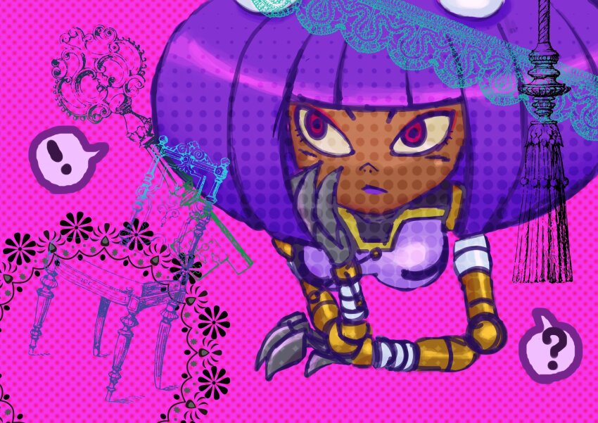 ! 1girl ? arm_support bob_cut breasts chair claws commentary_request cropped_torso dark-skinned_female dark_skin dynatron_(mighty_no._9) eyeshadow facing_viewer hand_on_own_face head_rest highres joints key looking_to_the_side makeup medium_breasts mighty_no._9 pink_background purple_hair purple_lips red_eyes red_eyeshadow robot robot_girl robot_joints short_hair simple_background solo spoken_exclamation_mark spoken_question_mark takenokonoko upper_body very_dark_skin