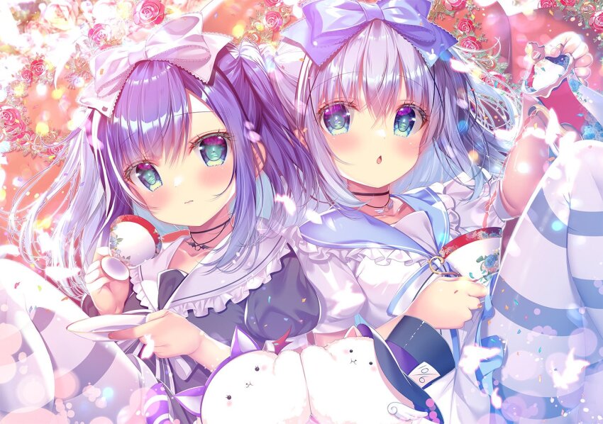2girls :o black_dress blush bow character_request collar collarbone cup dress frilled_collar frills fuiba_fuyu gochuumon_wa_usagi_desu_ka? green_eyes holding holding_cup holding_teapot kafuu_chino long_hair looking_at_viewer maid_headdress mitsumomo_mamu multiple_girls pantyhose purple_bow purple_hair side_ponytail teapot thighs tippy_(gochiusa) white_dress white_pantyhose wide_sleeves
