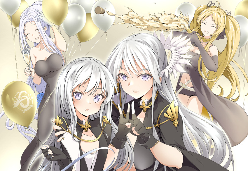 4girls alcohol anniversary azur_lane balloon champagne dress elbow_gloves enterprise_(azur_lane) enterprise_(heroic_finery)_(azur_lane) evening_gown fingerless_gloves gloves highres hornet_(azur_lane) hornet_(bubbly_anniversary!)_(azur_lane) little_enterprise_(azur_lane) long_hair madakov_kodima mother_and_daughter multiple_girls official_alternate_costume v yorktown_(azur_lane)