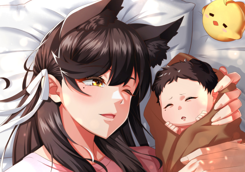 1boy 1girl 1other ahoge alternate_costume animal_ear_fluff animal_ears atago_(azur_lane) azur_lane baby baby_animal bed_sheet bird black_hair blush casual chick closed_eyes commentary_request dog_ears extra_ears fingernails green_eyes hug kagiyama_(clave) lens_flare long_hair lying manjuu_(azur_lane) mole mole_under_eye mother_and_child mother_and_son on_back on_bed one_eye_closed open_mouth out_of_frame pillow pink_shirt ribbon shirt short_hair smile sparkle swept_bangs tearing_up white_ribbon