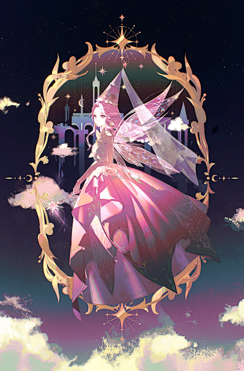 1girl :o absurdres castle chinese_commentary cloud commentary_request crescent dress enchanted_encounter_(infinity_nikki) expressionless eyelashes fairy_wings floating_hair frilled_sleeves frills full_body gown gradient_clothes gradient_dress gradient_hat hat highres holding holding_wand infinity_nikki layered_dress light176 long_dress long_hair looking_at_viewer looking_back mirror nape_braid nikki_(series) parted_lips pink_dress pink_eyes pink_hair pink_hat pink_wings princess puffy_short_sleeves puffy_sleeves purple_hat see-through_clothes see-through_veil short_sleeves solo star_(symbol) two-tone_hat veil wand white_sleeves white_veil wings