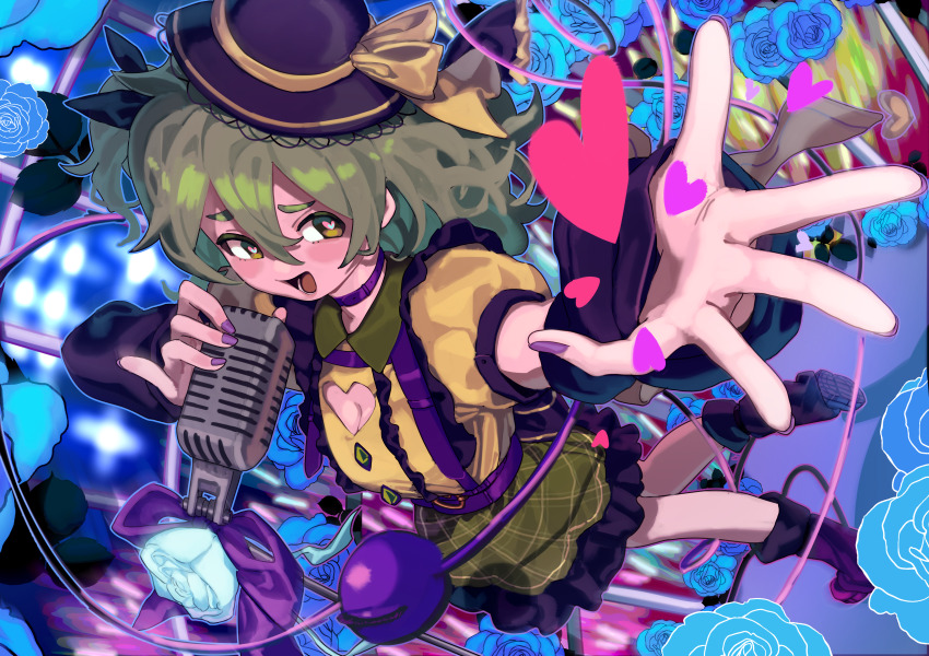 1girl absurdres adapted_costume black_hat black_shoes blue_flower blue_rose breasts cleavage cleavage_cutout clothing_cutout collar flower frilled_skirt frills green_eyes green_hair green_skirt hat heart heart-shaped_pupils heart_cutout highres komeiji_koishi medium_hair microphone music open_mouth puffy_short_sleeves puffy_sleeves purple_collar reaching reaching_towards_viewer ribbon rose shirt shoes short_sleeves singing skirt smile solo stage symbol-shaped_pupils touhou tuck_(tuck23978434) yellow_ribbon yellow_shirt