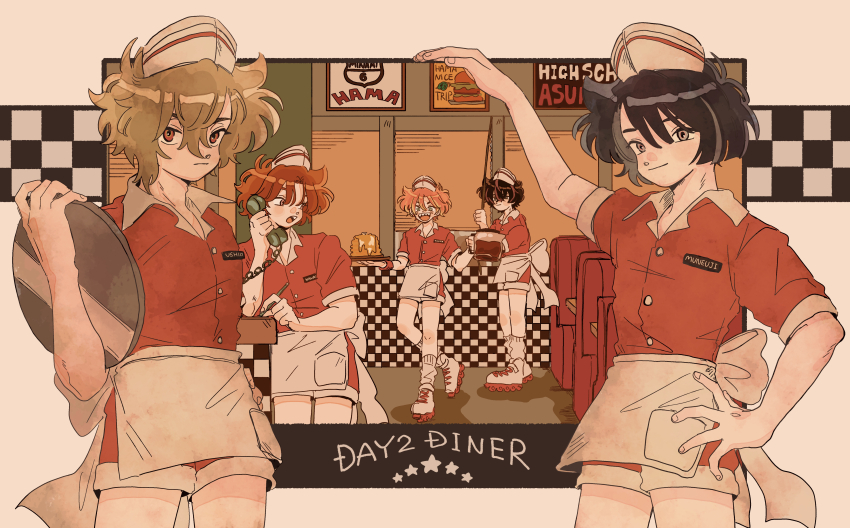 18trip 5boys absurdres apron arm_up black_hair brown_hair checkered_wall chokki_01 grey_eyes hair_between_eyes hand_on_own_hip hat highres holding holding_coffee_pot holding_phone holding_plate holding_tiered_tray isotake_akuta kaguya_muneuji kinugawa_kiroku kurama_ushio leg_warmers looking_at_viewer multiple_boys name_tag nanamegi_nanaki orange_hair phone plate red_eyes red_shirt red_shorts sharp_teeth shirt short_sleeves shorts teeth tiered_tray white_apron white_hat white_leg_warmers