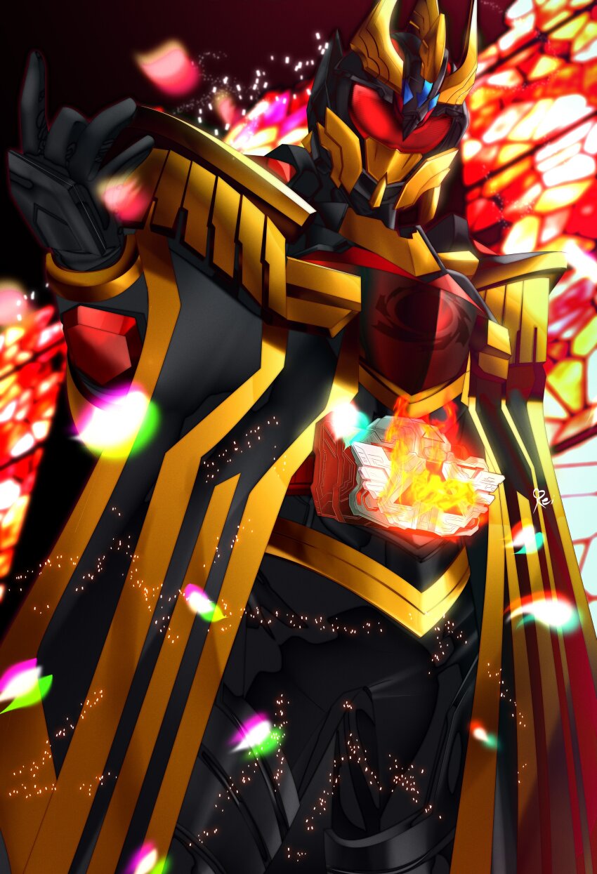 1boy absurdres alchemisdriver armor black_armor black_background black_hole cape rider_belt gem gold_armor gold_horns gold_trim highres jewelry kamen_rider kamen_rider_gotchard_(series) kamen_rider_wind male_focus open_hand outstretched_arms pauldrons red_eyes red_gemstone reiei_8 rider_belt ring shoulder_armor solo tokusatsu