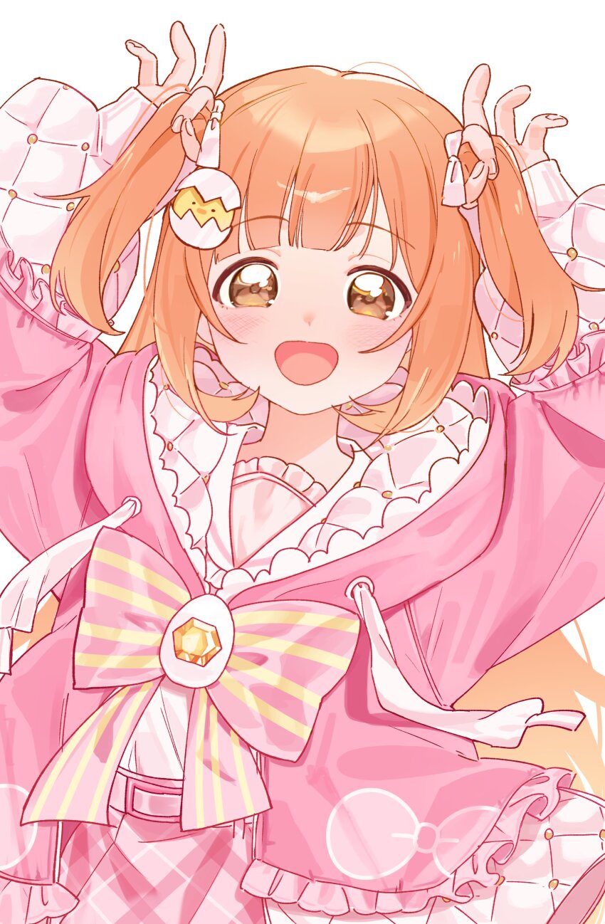 1girl :d absurdres belt belt_buckle blush bow bowtie brooch buckle collared_shirt commentary drawstring egg_hair_ornament food-themed_hair_ornament frilled_jacket frilled_sleeves frills gem hair_ornament hair_ribbon hands_up highres jacket jewelry kameria526 kirara_tamako kirara_tamako_(2nd_costume) long_hair long_sleeves looking_at_viewer nijisanji official_alternate_costume open_clothes open_jacket open_mouth orange_eyes orange_hair pink_belt pink_bow pink_bowtie pink_jacket pink_skirt plaid_clothes plaid_skirt pleated_skirt puffy_long_sleeves puffy_sleeves ribbon shirt sidelocks simple_background skirt smile solo striped_bow striped_bowtie striped_clothes symbol-only_commentary two_side_up virtual_youtuber white_background white_jacket white_ribbon white_shirt yellow_gemstone