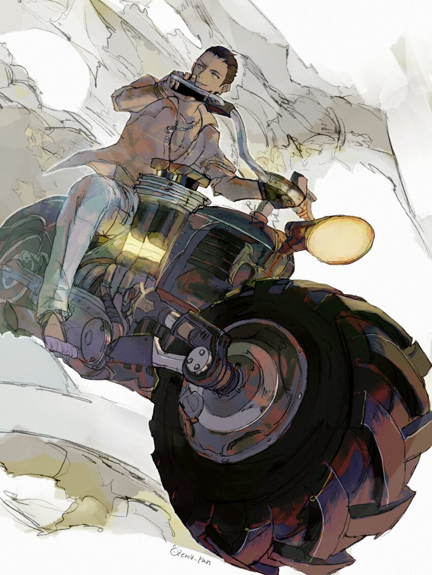1boy black_hair bracelet collarbone final_fantasy final_fantasy_xiv from_below full_body hawaiian_shirt highres hyur jewelry looking_to_the_side male_focus motor_vehicle motorcycle necklace on_motorcycle pants pink_shirt riding shirt short_hair signature sitting smile solo twitter_username warrior_of_light_(ff14) wheel white_background white_pants yellow_eyes zerou_pan