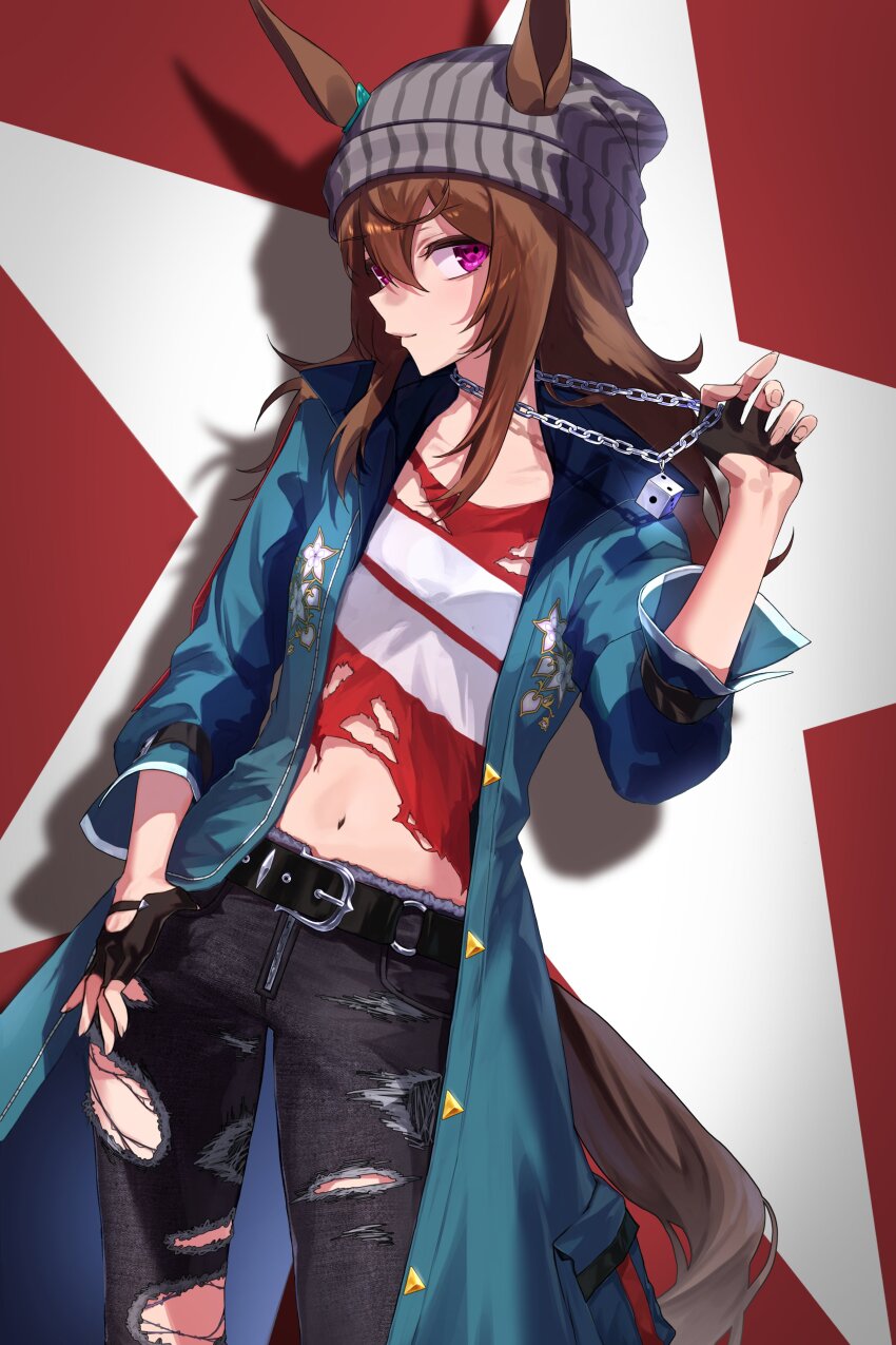 1girl absurdres animal_ears beanie belt black_gloves black_pants brown_hair closed_mouth coat cowboy_shot denim dice dice_necklace ears_through_headwear fingerless_gloves flat_chest gloves grey_hat gul_(parfaitgul) hat highres horse_ears horse_girl horse_tail jeans jewelry long_hair long_sleeves midriff nakayama_festa_(umamusume) navel necklace open_clothes open_coat pants pink_eyes red_shirt shadow shirt solo tail thumb_in_pocket torn_clothes torn_jeans torn_pants torn_shirt umamusume