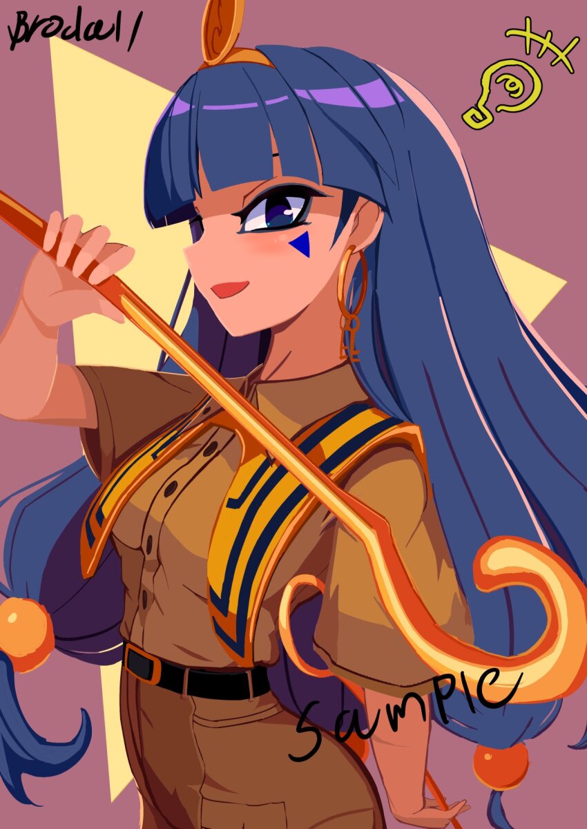 1girl belt black_belt blue_eyes blue_hair blunt_bangs breasts brodall_pixel brown_shirt brown_shorts commentary_request earrings facial_mark from_side gold gold_buckle gold_hairband gold_headdress gold_headwear hairband highres holding holding_scepter jewelry key_earrings long_hair looking_at_viewer michigami_nareko open_mouth scepter shirt short_sleeves shorts small_breasts solo sphere_hair_ornament tan touhou triangle triangle_facial_mark usekh_collar very_long_hair