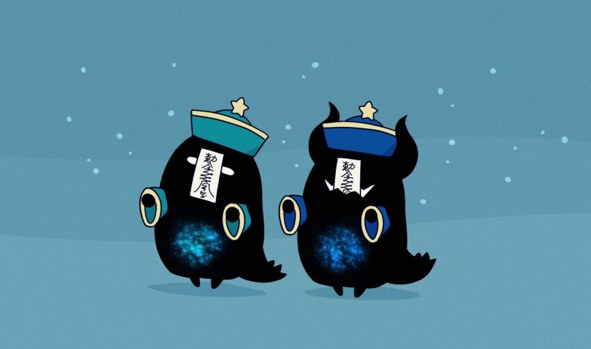 blank_eyes blue_background creature fangs hat highres horns hoshikui jiangshi no_humans ofuda original shadow shoutarou_(shoutarotttt) simple_background standing star_(sky) star_(symbol) white_eyes