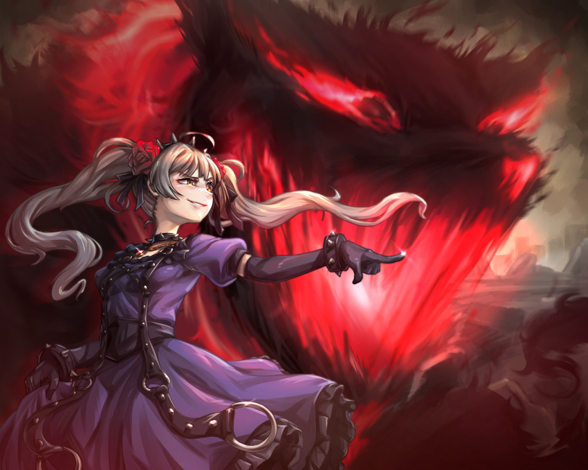 1girl absurdres black_gloves brown_eyes brown_hair choker commentary dress elbow_gloves english_commentary evil_grin evil_smile floating_hair flower glint gloves grin hair_flower hair_ornament hairband hakozaki_serika highres hold111 idol_heroes_(idolmaster) idolmaster idolmaster_million_live! idolmaster_million_live!_theater_days jewelry long_hair monster necklace outdoors pointing puffy_short_sleeves puffy_sleeves purple_dress red_flower red_rose rose short_sleeves skirt_hold smile spiked_choker spiked_hairband spikes twintails
