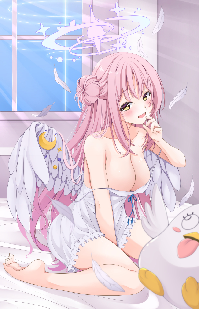 1girl blue_archive breasts cleavage highres indoors large_breasts long_hair mika_(blue_archive) oooqqq open_mouth pink_hair smile solo tomosuke wings yellow_eyes