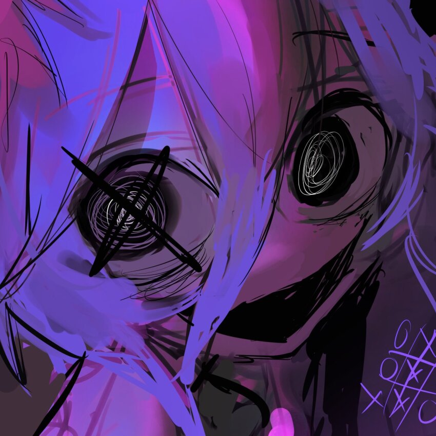 74r0l9 :d @_@ autooohyo crazy crazy_eyes crazy_smile highres looking_at_viewer open_mouth original purple_hair smile tic-tac-toe x_x
