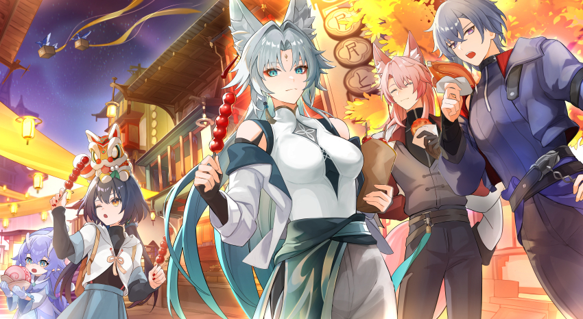 2boys 3girls :o ;o ^_^ absurdres animal_ear_fluff animal_ears arm_behind_back bailu_(honkai:_star_rail) belt black_bridal_gauntlets black_hair black_pants black_shirt blue_eyes blue_gloves blue_jacket blue_shirt blue_skirt breasts bridal_gauntlets character_request check_character closed_eyes closed_mouth commentary_request crossed_bangs dango dragon_horns facial_mark feixiao_(honkai:_star_rail) fingernails food food_request forehead_mark gloves green_eyes grey_hair hair_between_eyes hand_on_own_hip hand_up highres holding holding_food honkai:_star_rail honkai_(series) horns jacket jiaoqiu_(honkai:_star_rail) long_hair long_sleeves looking_at_viewer medium_breasts mitarashi_dango moze_(honkai:_star_rail) multiple_boys multiple_girls nail_polish night off_shoulder okkobc one_eye_closed open_clothes open_jacket open_mouth orange_eyes outdoors pants parted_bangs purple_hair red_nails shirt skirt very_long_hair wagashi white_jacket yunli_(honkai:_star_rail)