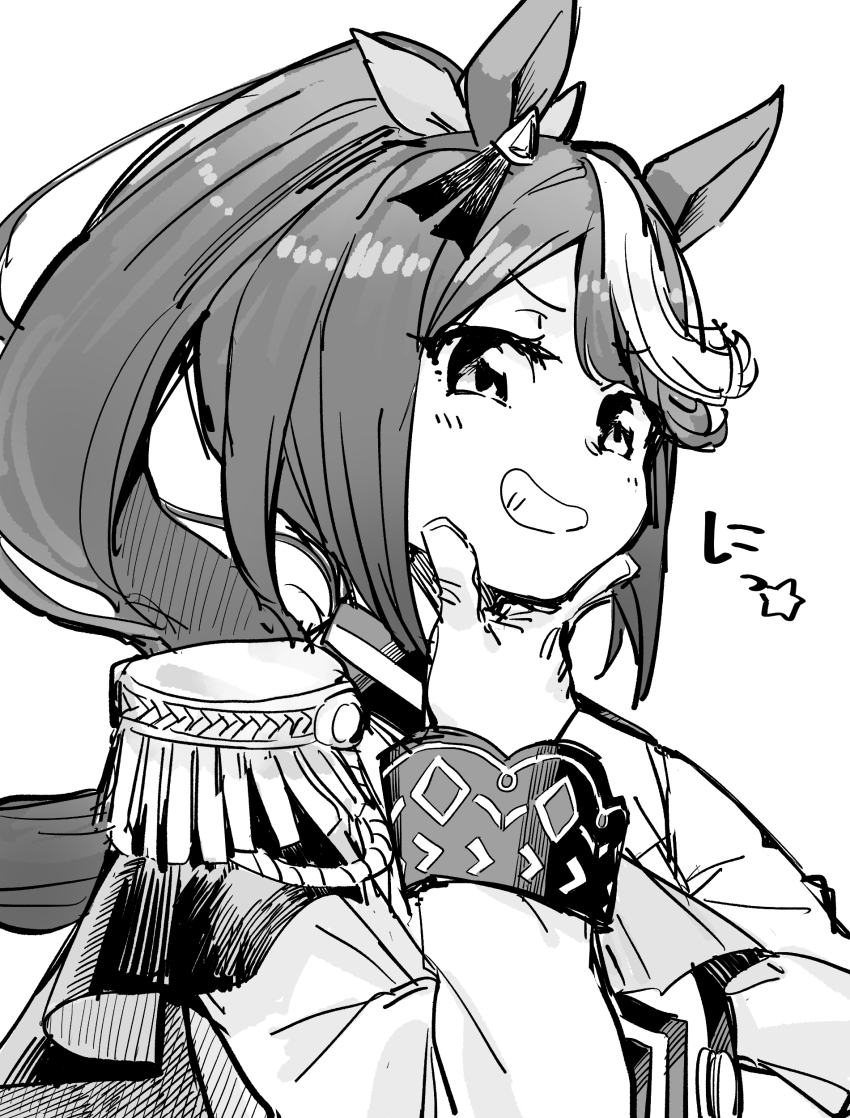 1girl absurdres ascot epaulettes gloves greyscale grin hand_on_own_chin highres jacket long_hair long_sleeves looking_at_viewer monochrome okachi ponytail side_cape single_epaulette smile solo star_(symbol) stroking_own_chin tokai_teio_(umamusume) umamusume upper_body