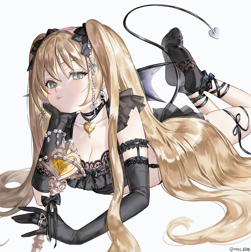 1girl black_gloves black_socks blonde_hair breasts cleavage demon_tail demon_wings elbow_gloves frilled_socks frills gloves green_eyes hair_between_eyes hand_on_own_cheek hand_on_own_face heart_ring highres holding jewelry looking_at_viewer lying on_stomach original oto1_030 ring socks solo tail twintails white_background wings