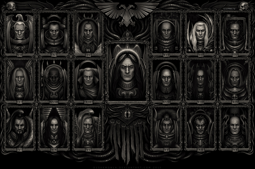 alpha_legion alpharius alpharius_omegon angel_wings angron animal_skull aquila_(symbol) armor bald beard bird bird_skull black_hair black_legion blood_angels cable closed_eyes corvus_corax_(warhammer) crest d1sarmon1a dark-skinned_male dark_angels dark_skin death_guard eagle emperor&#039;s_children emperor_of_mankind facial_hair facial_tattoo ferrus_manus frown fulgrim fur_trim halo hood horus_lupercal imperial_aquila imperial_fists imperium_of_man iron_hands_(warhammer) iron_warriors jaghatai_khan konrad_curze laurel_crown leman_russ lion_el&#039;jonson long_hair looking_at_viewer lorgar_aurelian magnus_the_red male_focus mask missing_eye monochrome mortarion multiple_boys night_lords omegon perturabo ponytail portrait power_armor primarch purity_seal raven_guard respirator roboute_guilliman rogal_dorn roman_numeral salamanders_(warhammer) sanguinius scowl servo-skull short_hair skinny skull smile smirk space_wolves straight-on tattoo thousand_sons topknot ultramarines vulkan warhammer_40k white_hair white_scars wings word_bearers world_eaters