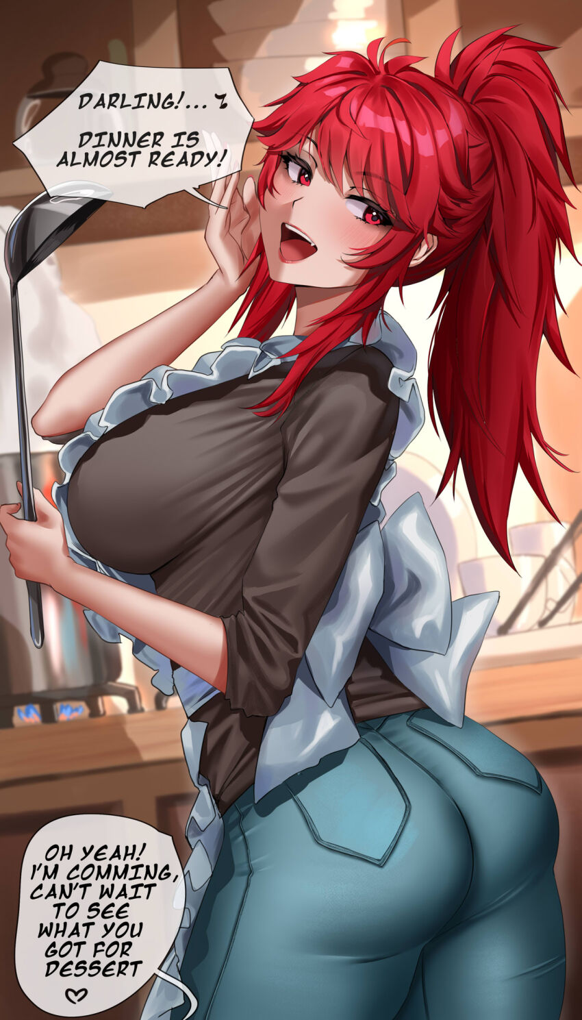 1girl aizawa_akemi apron ass black_shirt blurry blurry_background bowl breasts commentary cup denim english_text enma_(enmanuelart) frilled_apron frills from_behind from_side high_ponytail highres holding holding_ladle indoors jeans kitchen ladle large_breasts long_hair looking_at_viewer mature_female open_mouth pants ponytail red_eyes red_hair shirt solo steam stove teeth tomo-chan_wa_onna_no_ko twisted_torso upper_teeth_only white_apron